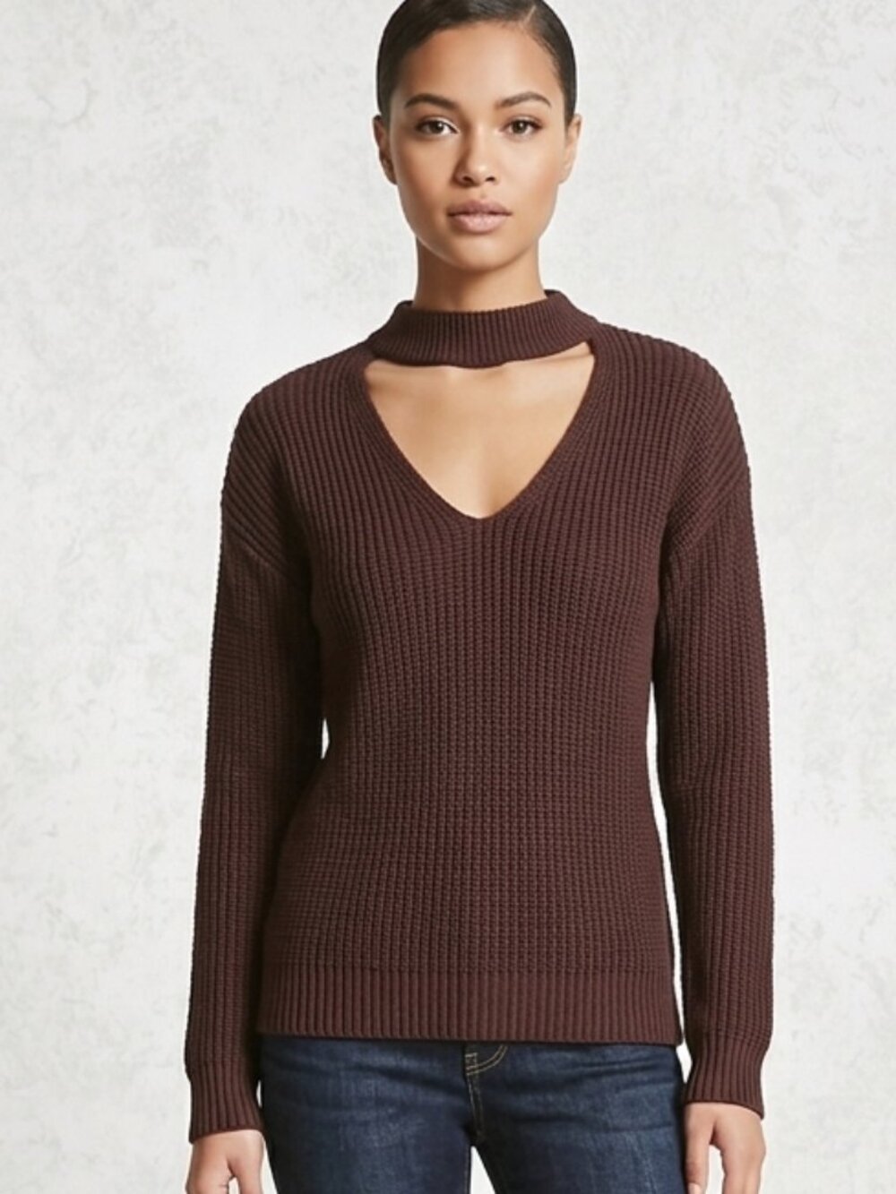 Forever 21 Deep Maroon/Chocolate Brown VNeck Knit Sweater OverSize S Fall Autumn